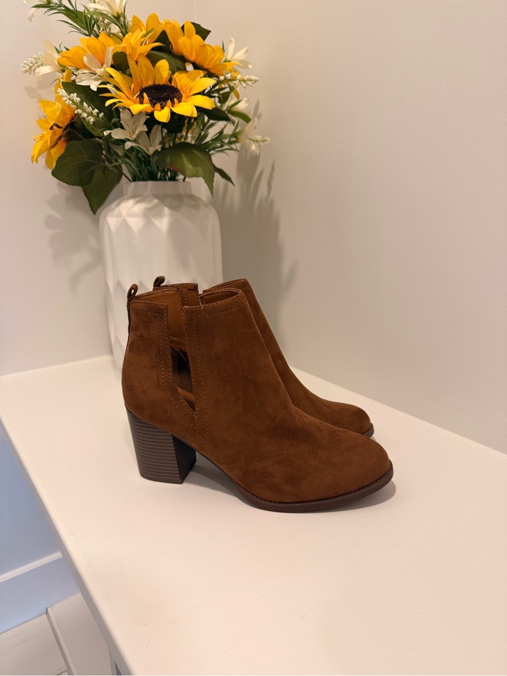 Soda Chestnut Brown Suede Ankle Booties with Block Heel